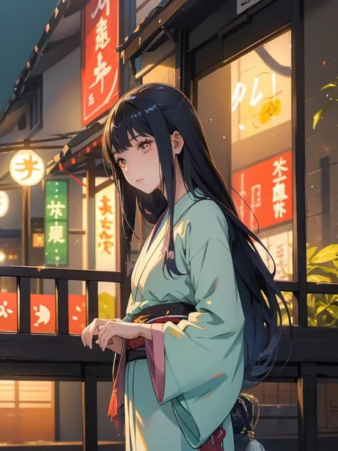 miko yotsuya kimono night in firework yelllow eyes, long hair tailed