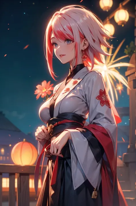 melissa kimono night in the firework, white red combine colour hair , short hair