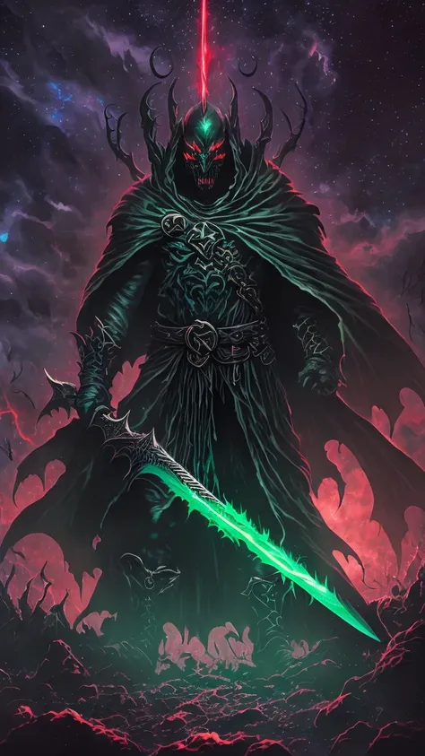 A dark and ominous creature of darkness, a god of death with a black crown, red glowing eyes, dynamic point of view, a fantasy character with a large torn black cape, wearing black and torn clothes, holding a magic sword with a blue and green aura around i...