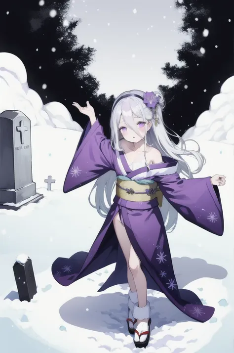 highest quality, masterpiece,white hair, purple eyes, purple kimono, exposing shoulders, ,fair skin, long hair, long bangs,  sma...