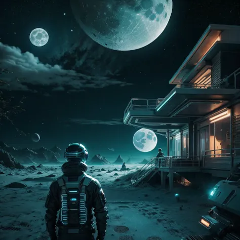 futuristic environment with the moon in the background. in the image with the following color palettes, #23101c, #772b32, #835c9...