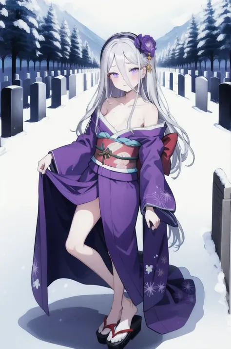 highest quality, masterpiece,white hair, purple eyes, purple kimono, exposing shoulders, ,fair skin, long hair, long bangs,  sma...