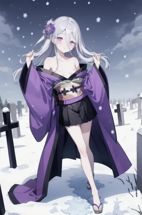 highest quality, masterpiece,white hair, purple eyes, purple kimono, exposing shoulders, ,fair skin, long hair, long bangs,  sma...