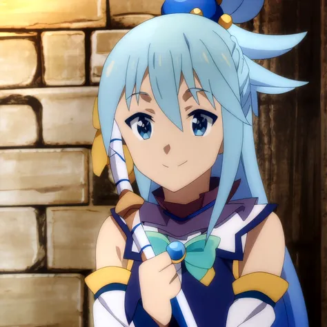 tavern; aqua, smile, holding staff,  close-up