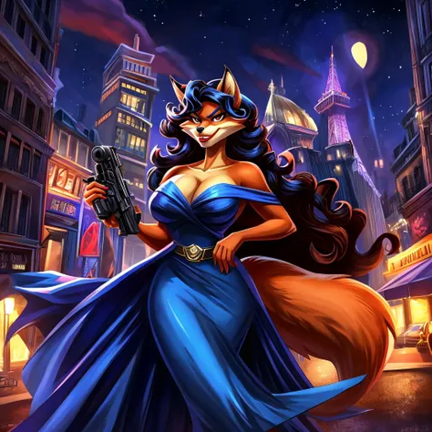 Фурри лисица Carmelita Fox из игры Sly Cooper Thieves in Time, with red lipstick on lips, in a black evening dress, shows his lips, holding a blaster, angry stands against the backdrop of the night city of Paris, cartoon style