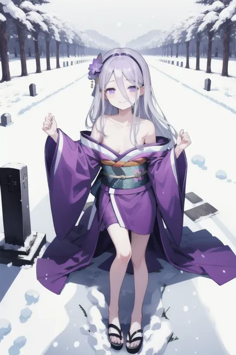 highest quality, masterpiece,white hair, purple eyes, purple kimono, exposing shoulders, ,fair skin, long hair, long bangs,  sma...