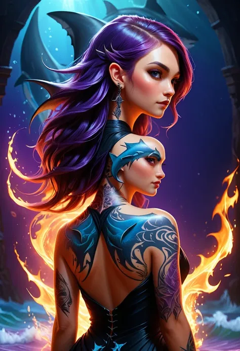 a picture of a an elf with  a ((tattoo of a shark: 1.5)) on her back, dark fantasy art, fantasy art, goth art,, a glowing tattoo...