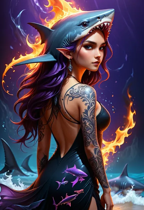 a picture of a an elf with  a ((tattoo of a shark: 1.5)) on her back, dark fantasy art, fantasy art, goth art,, a glowing tattoo...