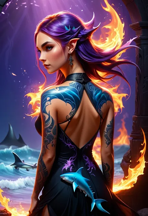 a picture of a an elf with  a ((tattoo of a shark: 1.5)) on her back, dark fantasy art, fantasy art, goth art,, a glowing tattoo...