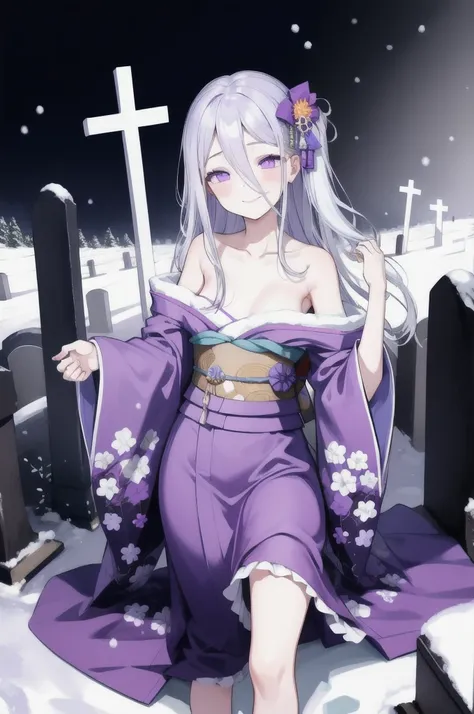 highest quality, masterpiece,white hair, purple eyes, purple kimono, exposing shoulders, ,fair skin, long hair, long bangs,  sma...