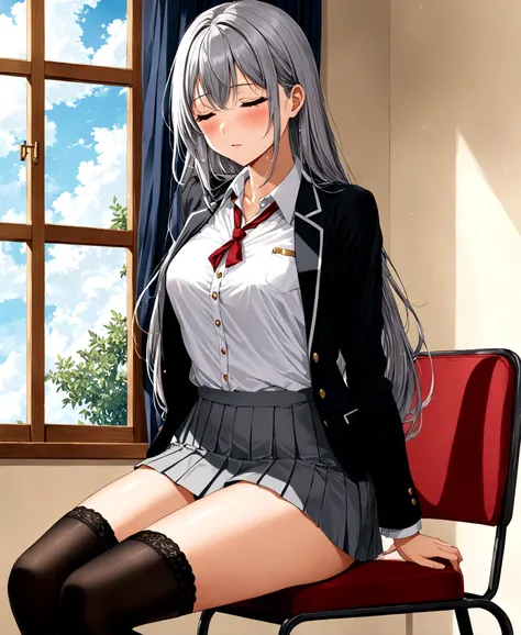 /(front focus), /(front view,), /(focus on girl,), a beautiful girl, high school student, sitting on a chair, beside the window,...