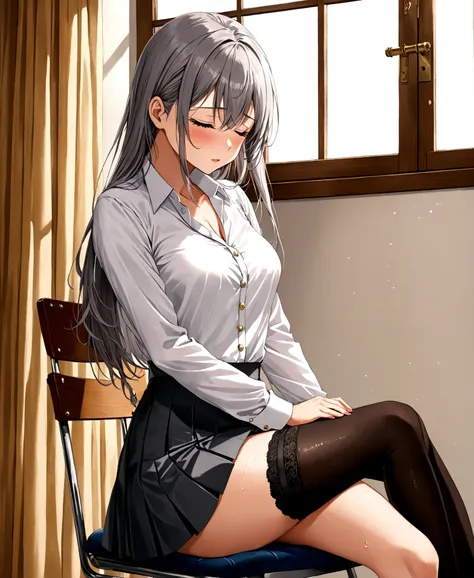 /(front focus), /(front view,), /(focus on girl,), a beautiful girl, high school student, sitting on a chair, beside the window,...