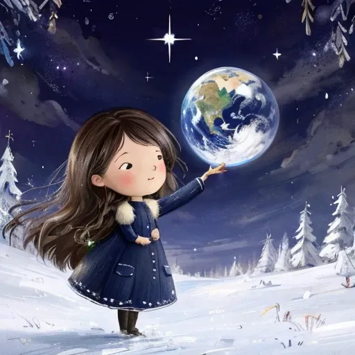 Long-haired girl holds the earth in her hand.，She gently pressed him to her chest，As if protecting the whole world。The earth in her arms，Sleep tight，Turn gently，Seems, he responds to the girl’s warmth and love.。