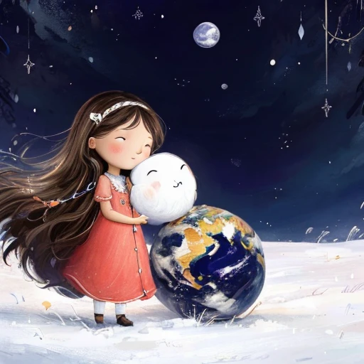 Long-haired girl holds the earth in her hand.，She gently pressed him to her chest，As if protecting the whole world。The earth in her arms，Sleep tight，Turn gently，Seems, he responds to the girl’s warmth and love.。