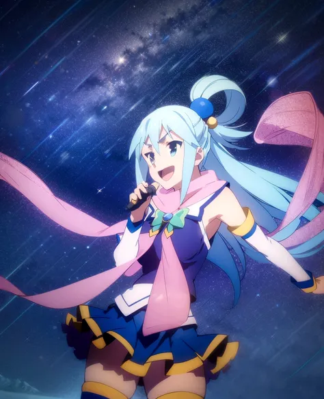  Aqua, smile, feather dress, pink scarf; casting; Axel; night; stars; sparkle; sky;