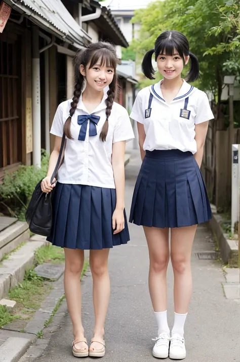 2 girls in old-Japanese town on school trips,white sailor shirt,navy blue pleated skirt,18-year-old,bangs,a little smile,thighs,knees,short hair with low pigtails bunches,from below,front light