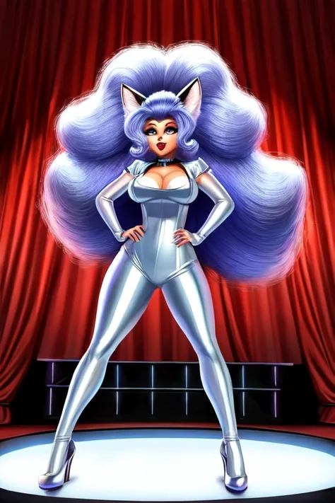 a female fox with big hair on a stage singing in a shiny silver outfit 