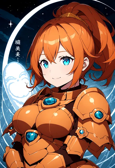 adult stone, sun orange hair, blue eyes, big breasts, armor, guerrero, beautiful face, beautiful smile