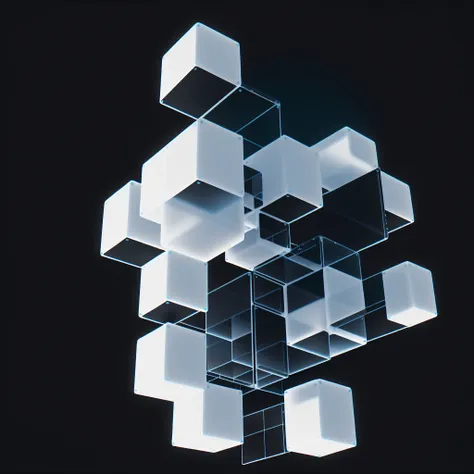 abstract chromatic aberration pattern made of white cubes on a black background