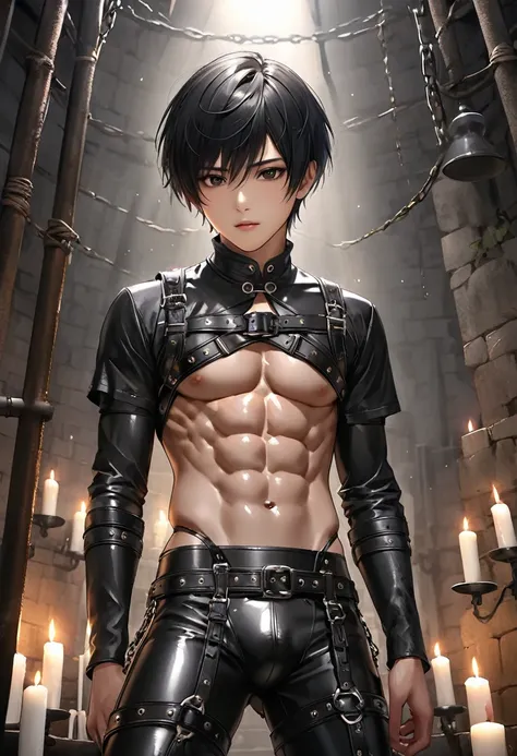 high quality, detailed, Realistic, (19 years old japanese idol slave boy), (detailed black eyes), (black short hair), (abs:1.5), (shiny skin), (leather bondage), dungeon, harness, (leather tiny thongs), (bulge:1.2), candle, (detailed puffy nipples), (detai...