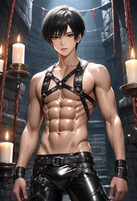 high quality, detailed, Realistic, (19 years old japanese idol slave boy), (detailed black eyes), (black short hair), (abs:1.5), (shiny skin), (leather bondage), dungeon, harness, (leather tiny thongs), (bulge:1.2), candle, (detailed puffy nipples), (detai...