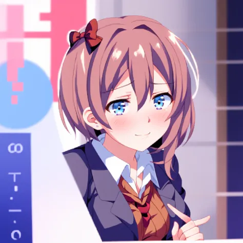 one girl, Sayori, DDLC, school blazer, hair bow, close to girl, light blue eyes, beautiful, index finders together, ashamed, blush, upward glance, dry smile, index finders, shifty eyes