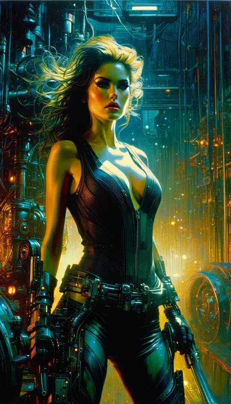 (highly detailed,cinematic lighting,dramatic colors,intricate machinery,futuristic technology,epic scale,moody atmosphere,sexy girl in scene, dark and gritty,masterpiece,best quality,8k,photorealistic,professional) (art inspired in Bill Sienkiewicz). oil p...