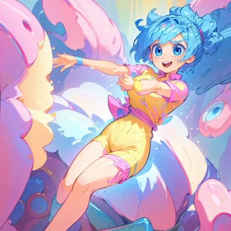 (masterpiece), ((perfect anatomy)), (high Res), (4k), joy, blue eyes, blue hair, yellow skin, huge breast, wide hips, (((pink shirt))), (((pink shorts))), happy, (anime artstyle), (((solo))), narrow waist