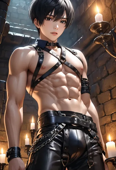 high quality, detailed, Realistic, (19 years old japanese idol boy), (detailed black eyes), (black short hair), (abs:1.5), (shiny skin), (leather bondage), dungeon, harness, (leather tiny thongs), (bulge:1.2), candle, (detailed nipples), (detailed areola),...