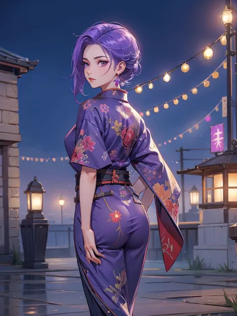 Ixia mobile legends kimono night fire work , purple hair, short hair