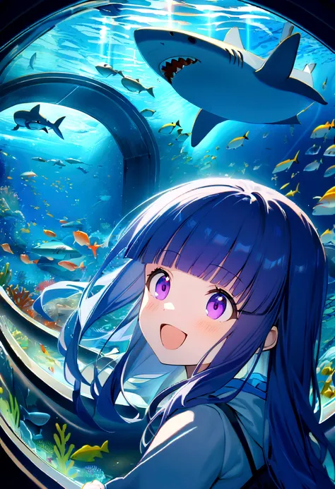 1 girl, alone, blue hair, purple eyes, long hair, blunt bangs, bangs,(shark costume), aquarium, glass tunnel, sea creature, scho...