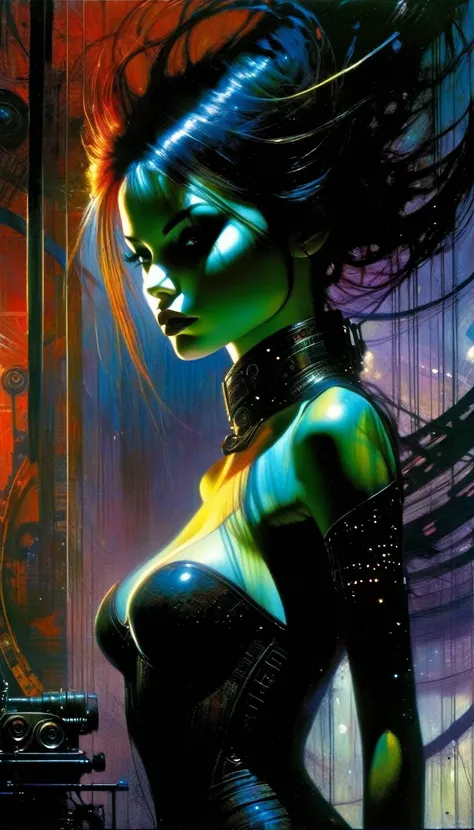 (highly detailed,cinematic lighting,dramatic colors,intricate machinery,futuristic technology,epic scale,moody atmosphere,sexy girl in scene, dark and gritty,masterpiece,best quality,8k,photorealistic,professional) (art inspired in Bill Sienkiewicz). oil p...