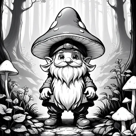 thin line drawing of gnome beneath a mushroom, with the whole body