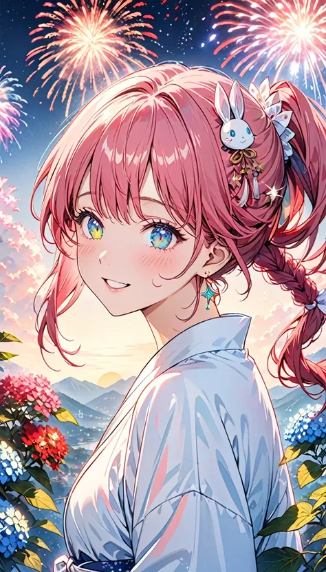 
"A woman in a white yukata with hydrangea patterns. She has pink hair and blue eyes. The background features fireworks lighting up the night sky with vibrant colors."
pink hair, colored inner hair, side ponytail, hair one side up, shiny hair, wet hair, ti...