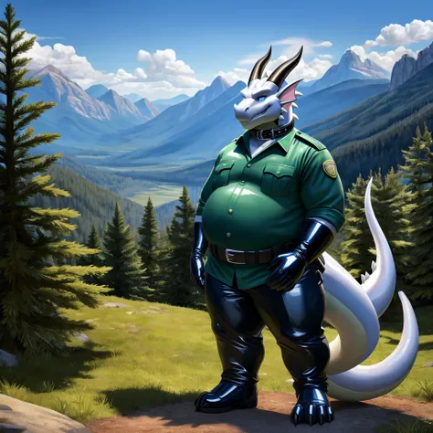 solo, full body, male, fat, extremely obese, dragon, park ranger, trousers, outdoor, park ranger uniform, collared shirt with bu...