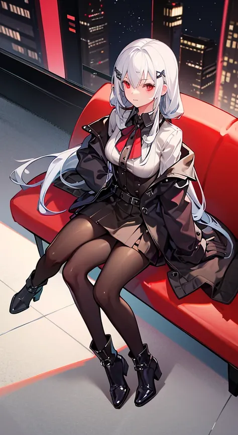 Girl with long white hair, red eyes, sitting on a guy with long black hair