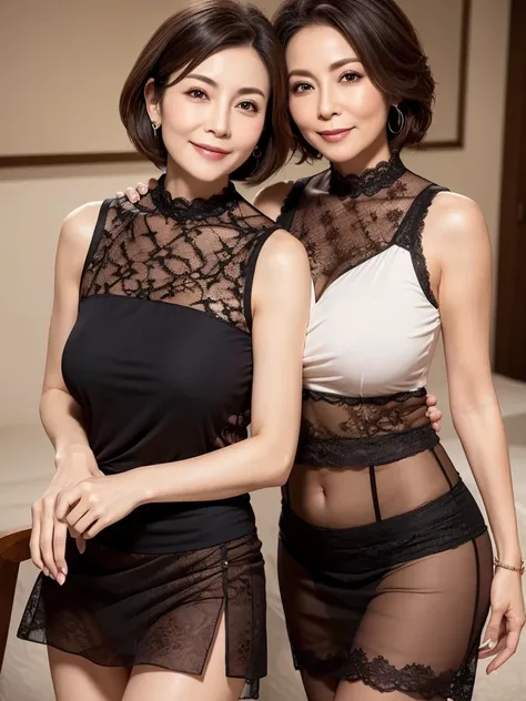 Highest quality、masterpiece、8K、Very detailed、Realistic、(50 years old:1.2)、Wrinkles around the eyes、Wrinkles around the mouth、1 person、Looking at me with a smile、whole body、(Big Breasts)、Thin and beautiful legs、Tight and slim waist、Lace, see-through, tight ...