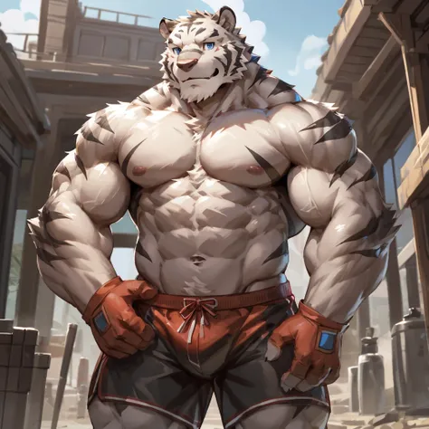 bynamic angle,depth of field, motion blur, absurdres,looking at viewer, (best quality), (masterpiece), (ultra detailed),(detailed eyes),sharp focus,japanese anime,manga,anthro male white tiger,(muscular),big fellow,huge body,((shirtless)), ((black gym shor...