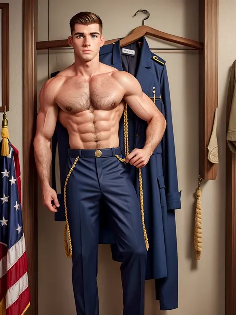 22-year-old lieutenant of the Navy Seals. behind him on the wall on a hanger hung his ceremonial uniform, with a shaved face without a mustache and beard, with a clean-shaven face, Troy Adams, blond, 6 feet 2 inches tall, hairy chest and hairy belly, muscl...