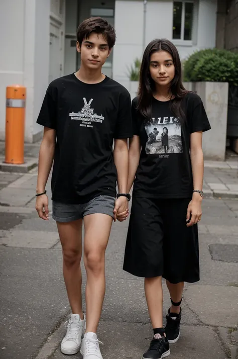 heterosexual couple of teenage lovers of 12 years old holding hands, a boy and a girl, both in black t-shirts, seen from the front and with black bracelets on their arms holding hands. both the same height and wearing a black t-shirt with tanned skin and a...