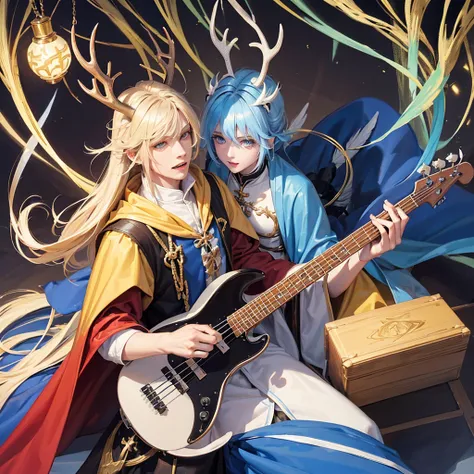 Make a blonde angel man, blue colored eyes, bass guitar, bonitas, dressed in a long cloak, Caucasian skin, and 4 Also make a demon man, with black hair, red skinned, antlers, sharped teeth, yellow  eyes, Cao Cao, with feathers a cloth that covers the priva...