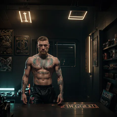 neon light sign in design of conor mcgregor with tatoo and boxing | of gorgeous conor mcgregor high body with tatoo | detailed gorgeous face | precise lineart | intricate | realistic | studio quality | cinematic | luminescence | character design | concept ...