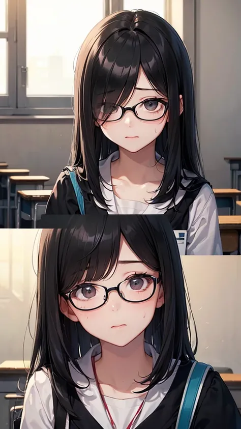 summer、An empty school classroom、thick、Sweat、、high school girl、Student Bags、、Low length、(((((Eyes hidden by long bangs)))))、(((Long black hair:1.2　hair band)))(((Black-rimmed glasses:1.2　black eye)))、Backlight、evening、Nostalgic atmosphere、Look at this、Bird...