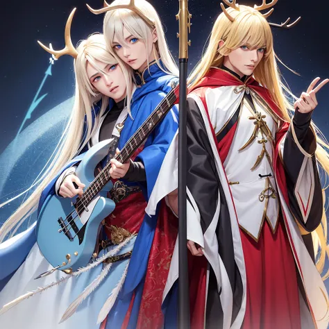 Make a blonde angel man, blue colored eyes, bass guitar, bonitas, dressed in a long cloak, Caucasian skin, and 4 Also make a demon man, with black hair, red skinned, antlers, sharped teeth, yellow  eyes, Cao Cao, with feathers a cloth that covers the priva...