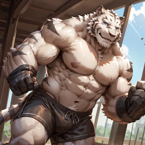 bynamic angle,depth of field, motion blur, absurdres,looking at viewer, (best quality), (masterpiece), (ultra detailed),(detailed eyes),sharp focus,japanese anime,manga,anthro male white tiger,(muscular),big fellow,huge body,((shirtless)), ((black gym shor...