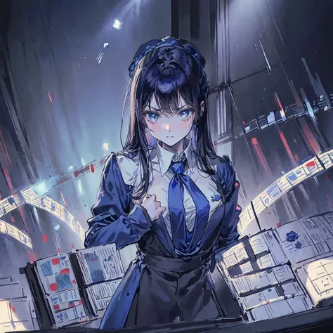 1girl, long straight dark blue eyes hair, pale blue eyes, wearing music conductor suit, ((blue rose necktie)), serious face, pale skin, faceing crowds, orchestra concert hall