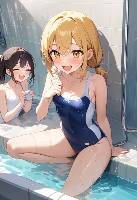 Highest quality、High resolution、Detailed Background、Beautiful face in every detail、Detailed facial expressions、Detailed eyes、Teenage beauty、cuteカラーの髪色、Braided Ponytail、Braided bob cut、Braided twin tails、Navy school swimsuit、Perfect body line、School swimmin...