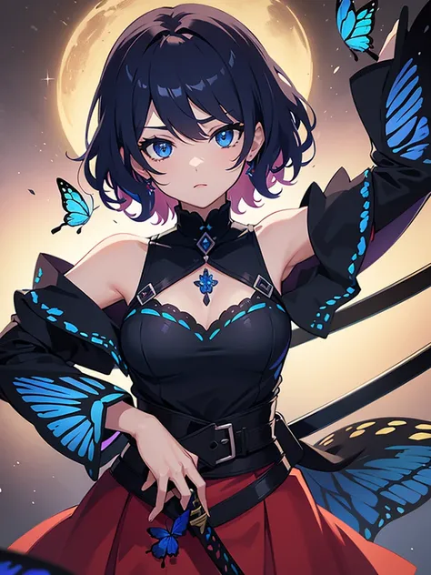 Girl with short scarlet hair, blue eyes, butterfly decoration in hair, using a dark energy katana.