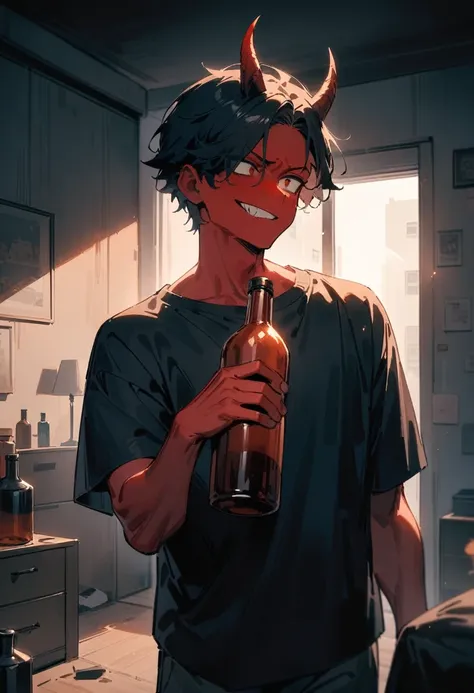 masterpiece, best quality, very aesthetic, absurdres, newest, 1devil, 1boy, solo, 30s, red skin, horns, black hair, short hair, evil grin, holding a bottle of alcohol, tempting expression, casual clothes, dimly lit room, cluttered apartment, empty bottles,...