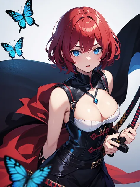 Girl with short scarlet hair, blue eyes, butterfly decoration in hair, using a dark energy katana.